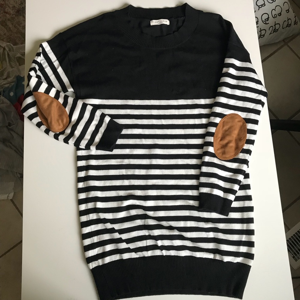 Stripped lightweight sweater with tan patch elbows